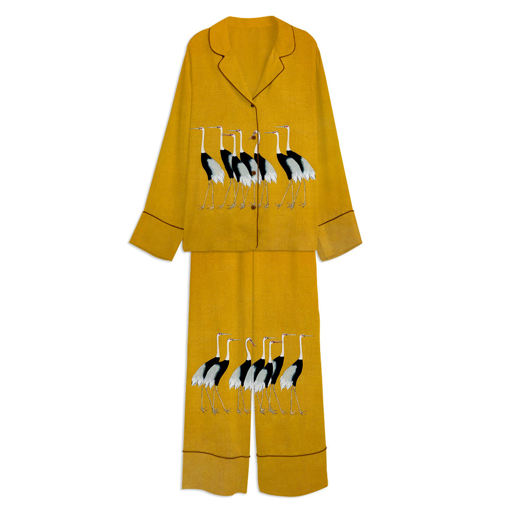 Vintage Japanese Seven Cranes Bird Unisex Long Sleeve Satin Pajama Set