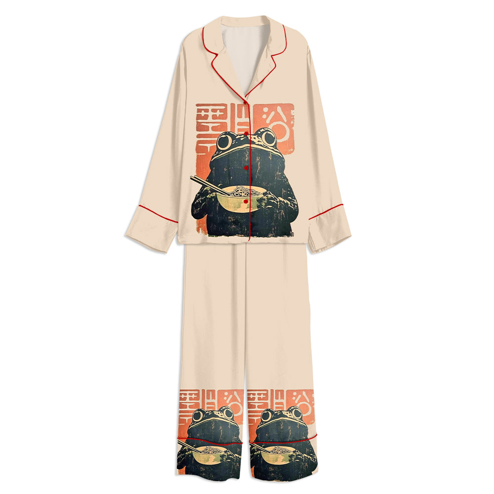 Retro Frog Ramen Unisex Long Sleeve Satin Pajama Set