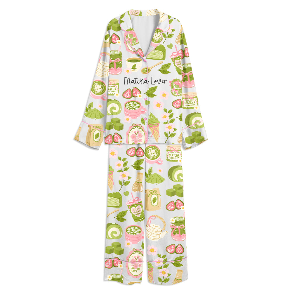 Matcha Lover Cute Matcha Tea Unisex Long Sleeve Satin Pajama Set