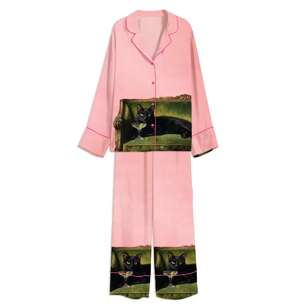 Black Cat Martini Cocktail Unisex Long Sleeve Satin Pajama Set
