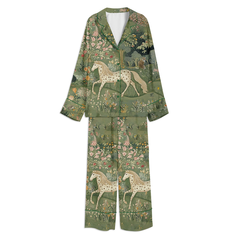 Tokyo-mood Enchanted Forest Horse Fairy Tale Nature Unisex Long Sleeve Silky Satin Pajama Set
