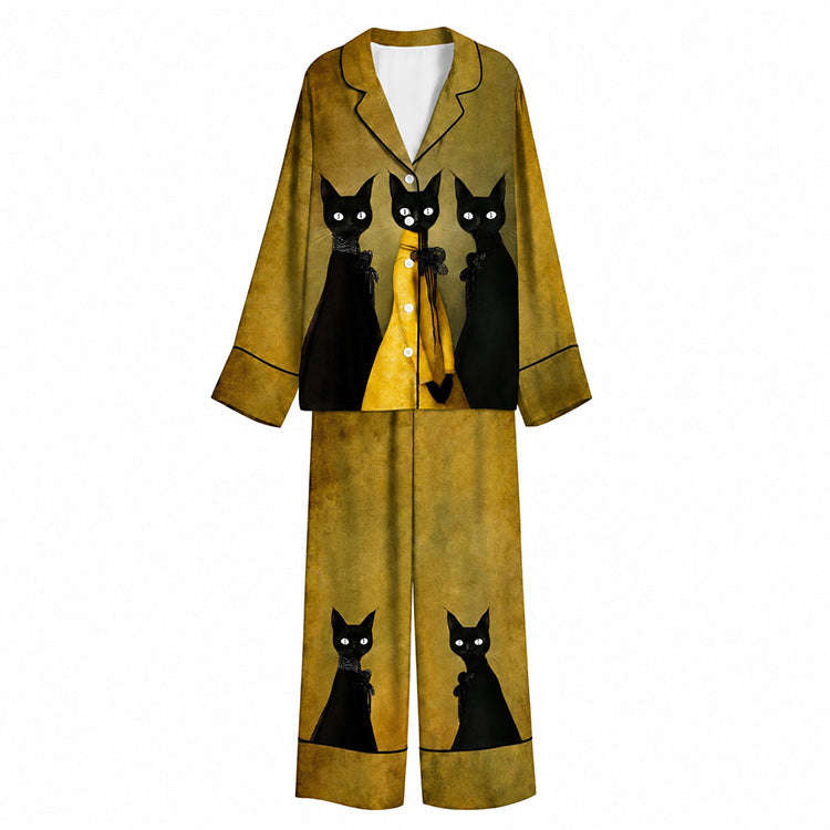 Tokyo-Mood Gothic Black Cat Trio Gold Unisex Long Sleeve Silky Satin Pajama Set
