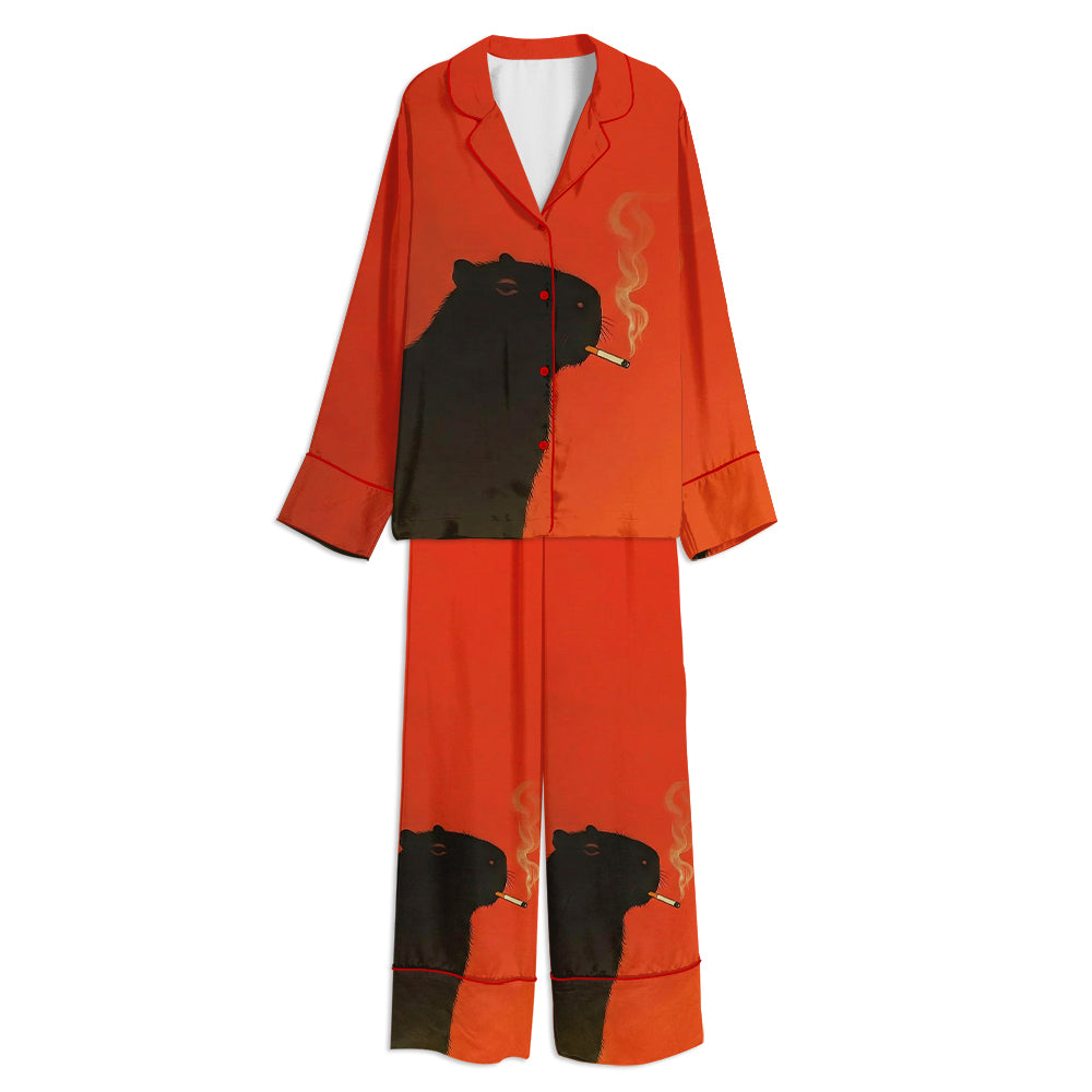 Cute Capybara Smoking A Cigarette Unisex Long Sleeve Satin Pajama Set
