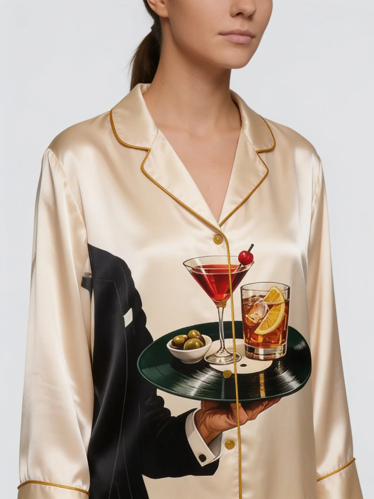 Tokyo-mood Cocktail Martini Old Fashioned Wine Unisex Long Sleeve Silky Satin Pajama Set
