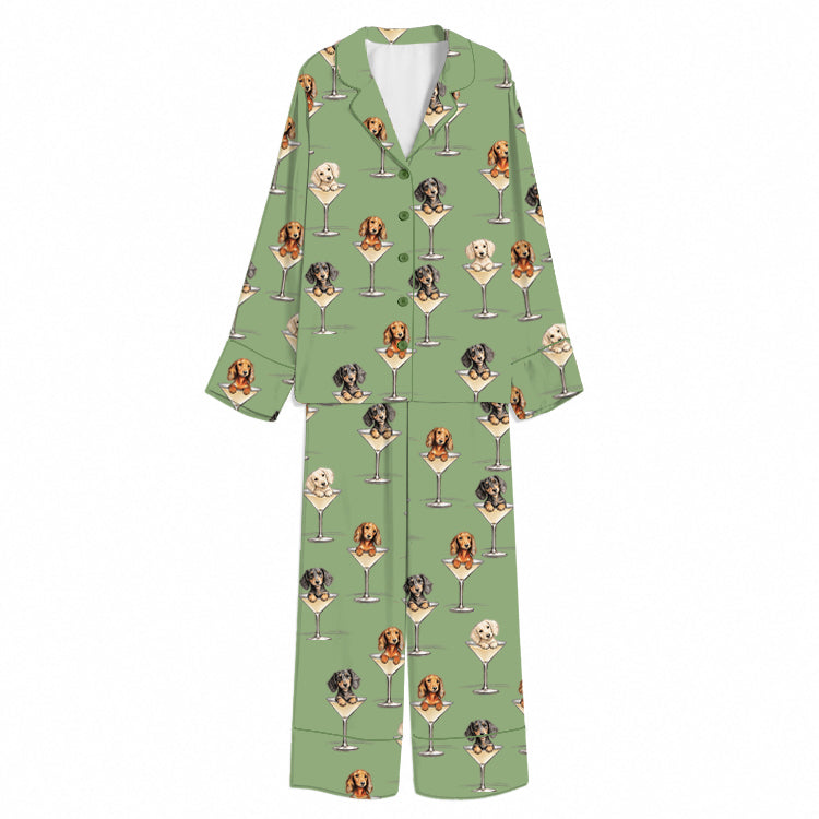 Tokyo-Mood Dachshund Cocktail Glass Pattern Sage Green Unisex Long Sleeve Silky Satin Pajama Set