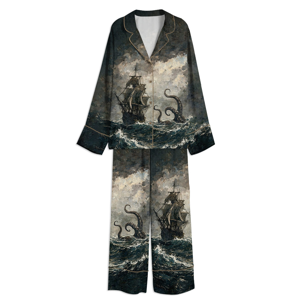 Lure Of The Kraken Moody Giant Octopus Unisex Long Sleeve Satin Pajama Set