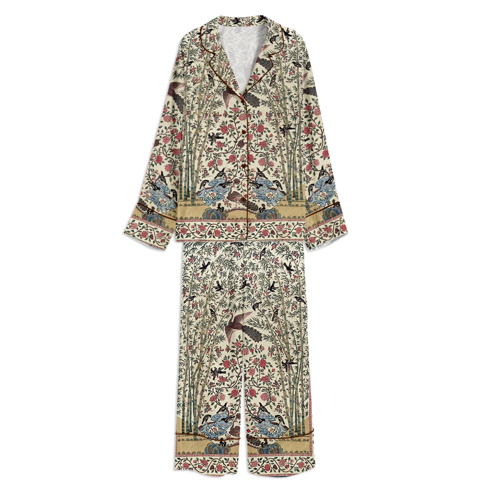 Vintage Bird Japanese Light Academia Unisex Long Sleeve Satin Pajama Set