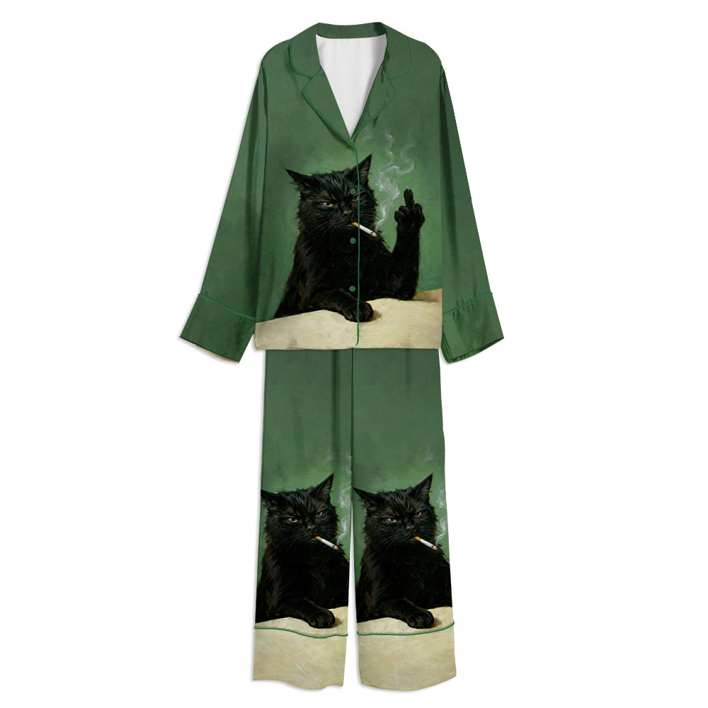Moody Cat Smoking Unisex Long Sleeve Satin Pajama Set