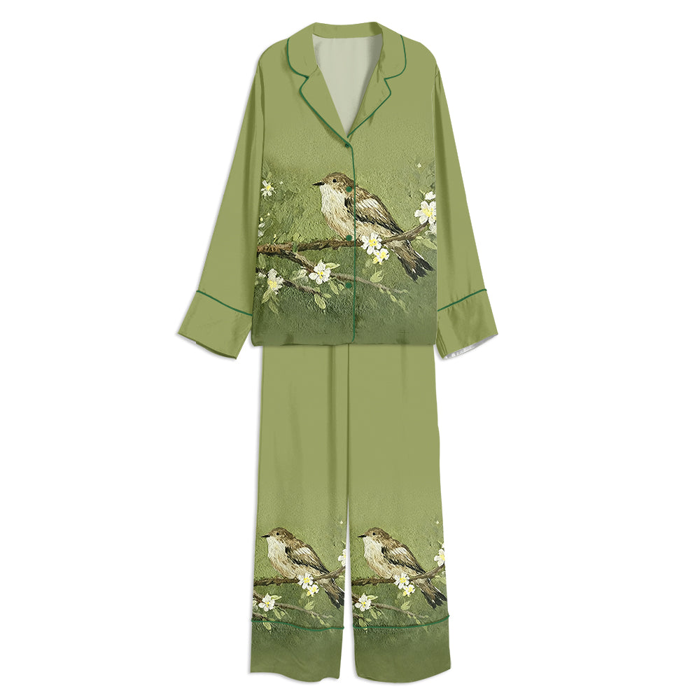 Tokyo-mood Vintage Bird Print Sage Green Unisex Long Sleeve Silky Satin Pajama Set