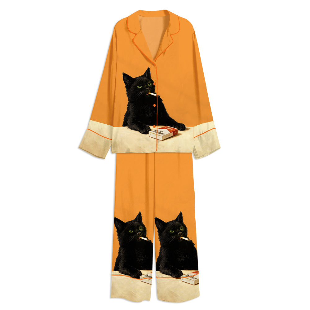 Tokyo-mood Vintage Smoking Cat Art Unisex Long Sleeve Silky Satin Pajama Set