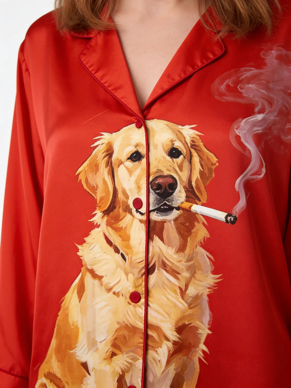 Tokyo-mood Funny Smoking Golden Retriever Dog Lovers Unisex Long Sleeve Silky Satin Pajama Set