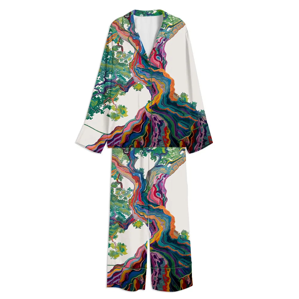 Tokyo-mood Colorful Nature Rainbow Tree Abstract Botanical Art Unisex Long Sleeve Silky Satin Pajama Set