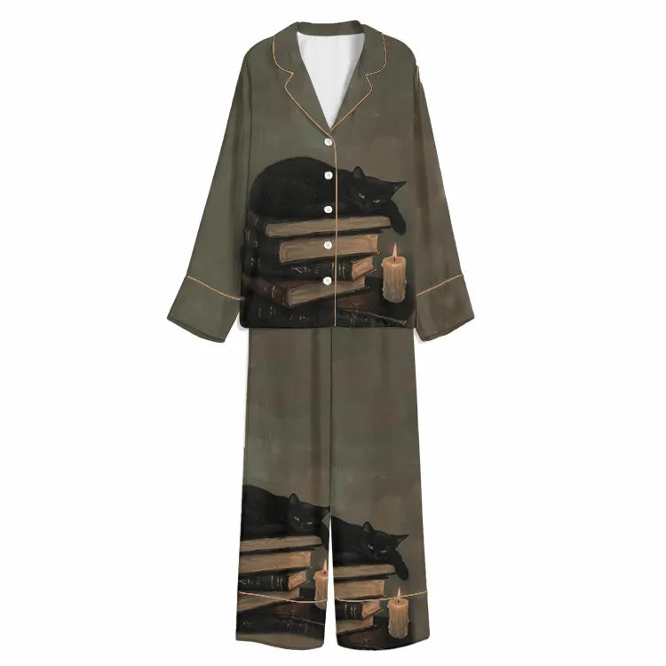 Tokyo-Mood Candlelit Bookworm Black Cat Taupe Unisex Long Sleeve Silky Satin Pajama Set