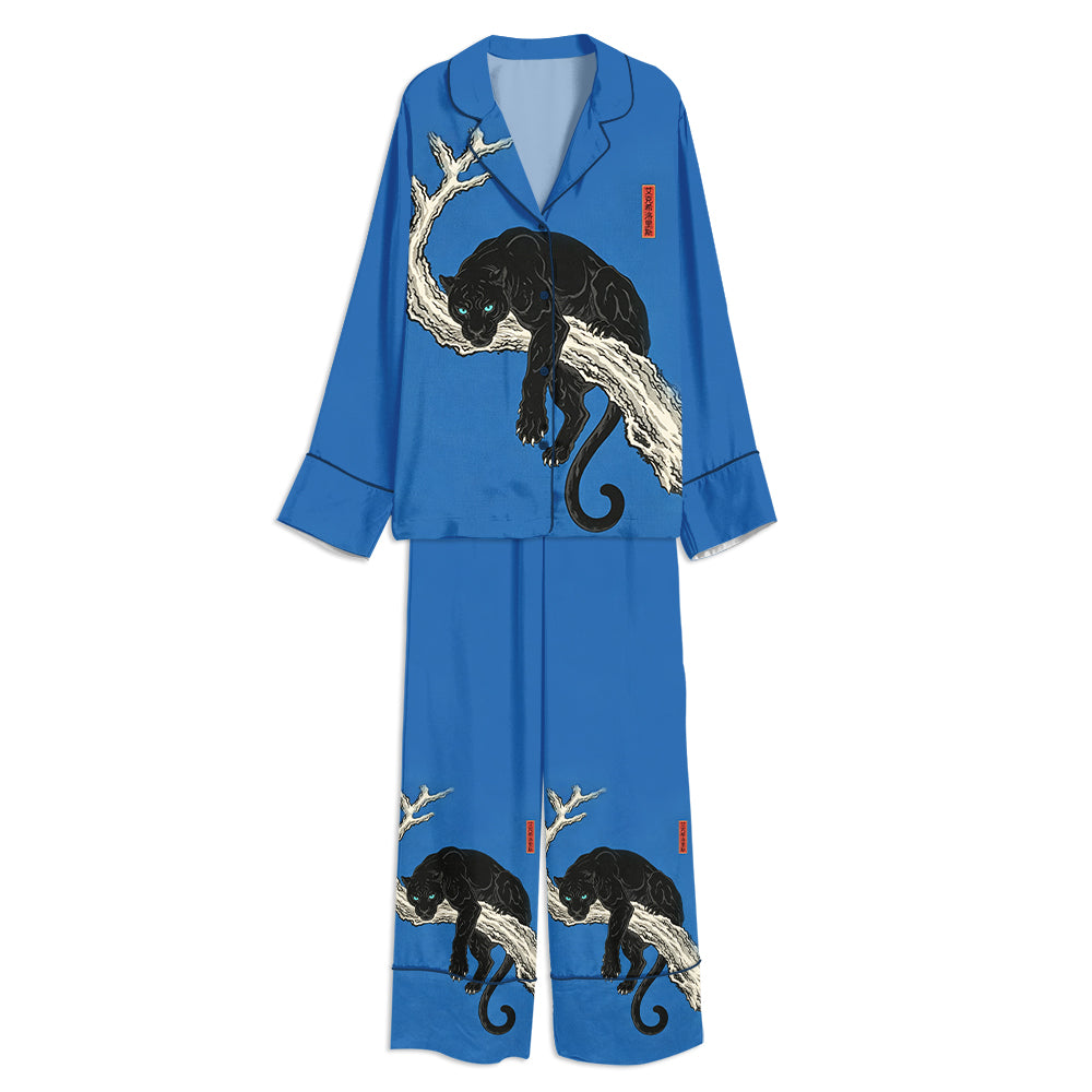 Tokyo-mood Japanese Ukiyo-E Black Panther Print Unisex Long Sleeve Silky Satin Pajama Set