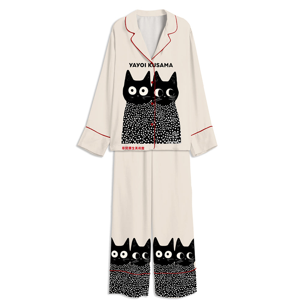 Tokyo-Mood Yayoi Kusama Black Cat Unisex Long Sleeve Silky Satin Pajama Set