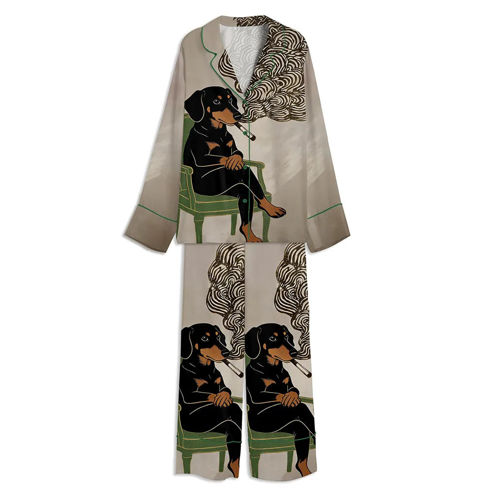 Dachshund Smoking A Cigarette Funny Wiener Dog Unisex Long Sleeve Satin Pajama Set