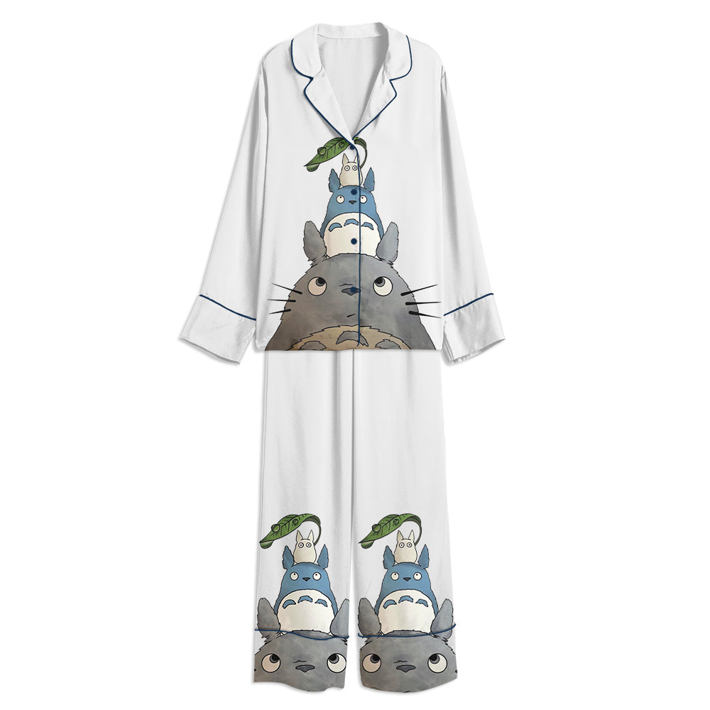 Totoro Studio Ghibli Print Japanese Anime Unisex Long Sleeve Satin Pajama Set
