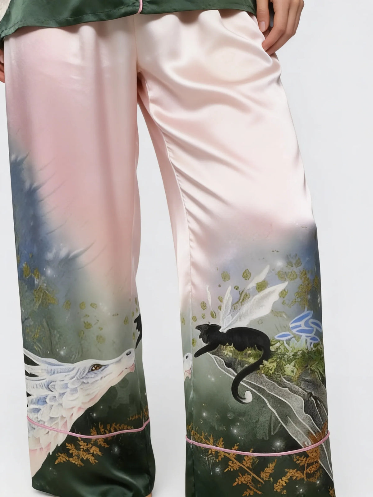 Tokyo-mood Dragon & Winged Cat Unisex Long Sleeve Silky Satin Pajama Set