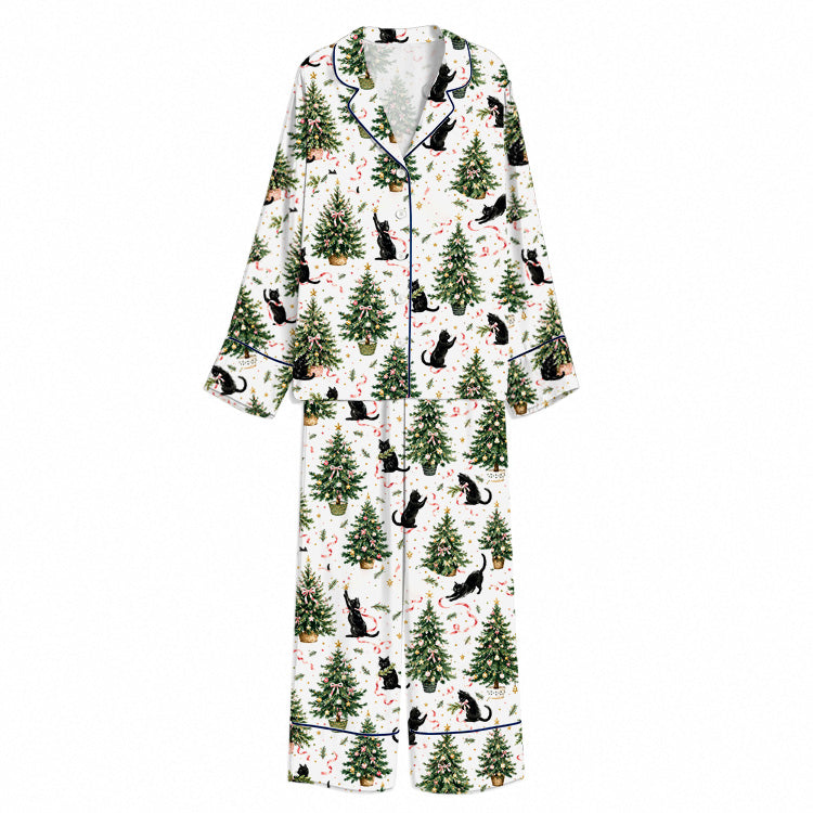 Tokyo-Mood Christmas Tree Black Cat White Unisex Long Sleeve Silky Satin Pajama Set