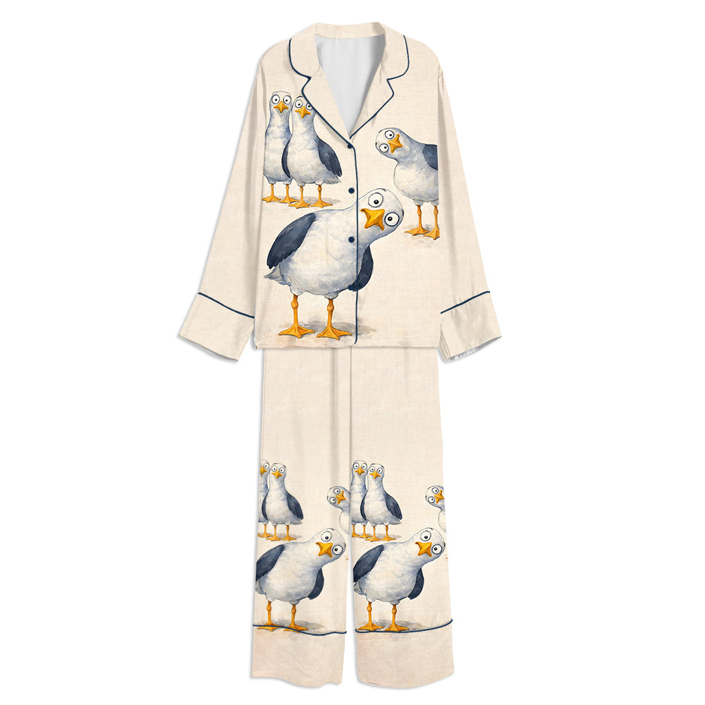 Tokyo-mood Seagulls Three Funny Birds Pigeon Coastal Nursery Unisex Long Sleeve Silky Satin Pajama Set