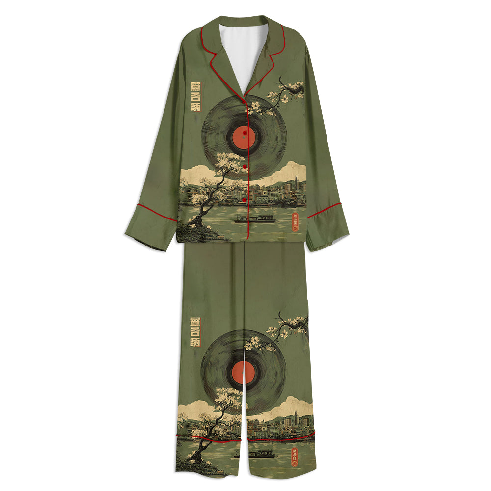 Vintage Japanese Cherry Blossom Music Lover Unisex Long Sleeve Satin Pajama Set