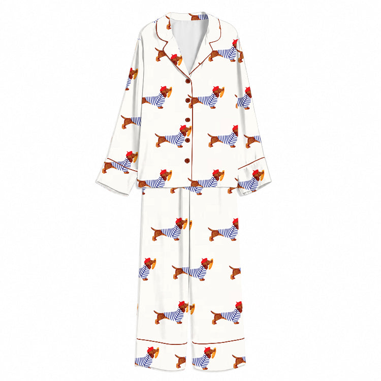 Tokyo-Mood French Sailor Dachshund White Unisex Long Sleeve Silky Satin Pajama Set