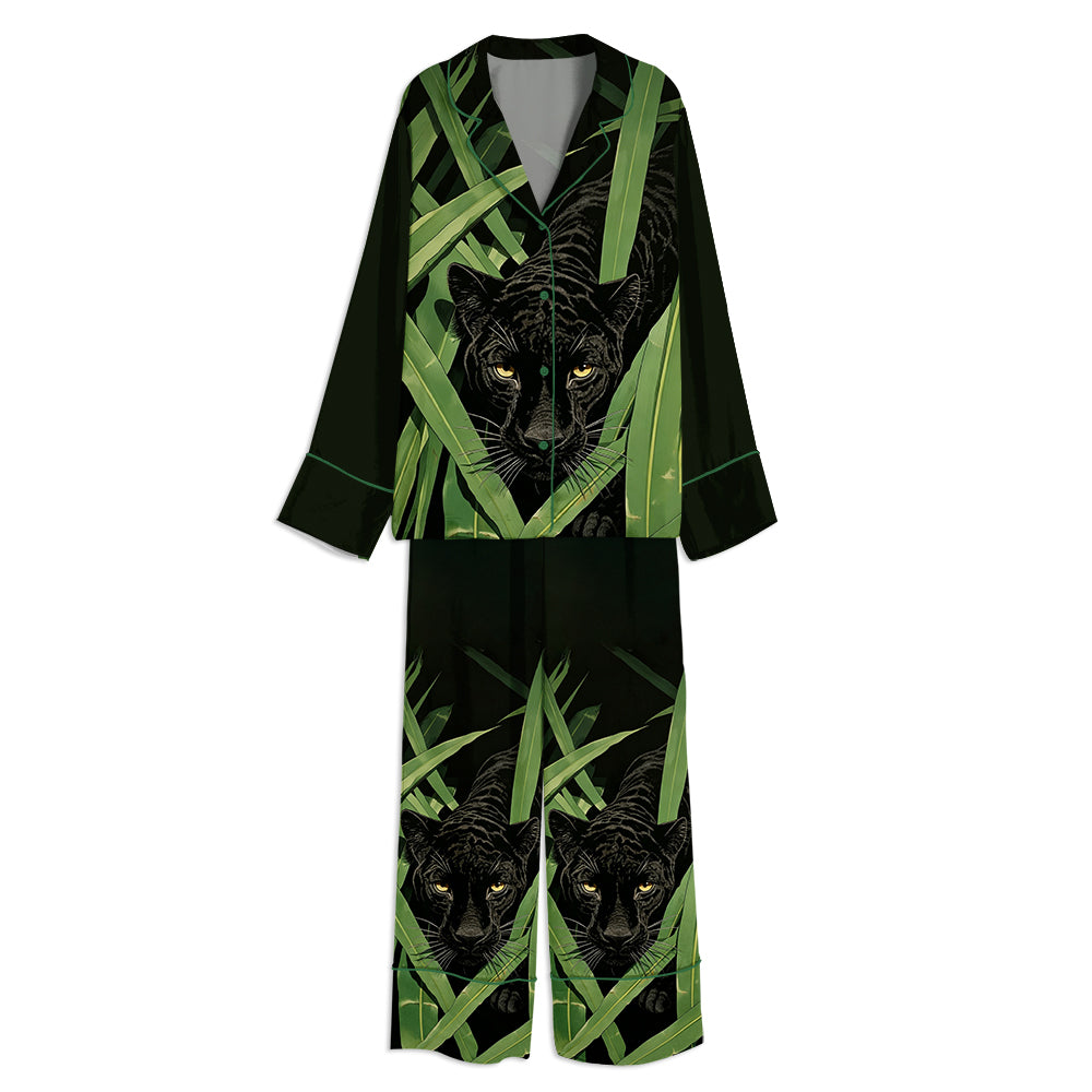 Tokyo-mood Jungle Black Panther Print Unisex Long Sleeve Silky Satin Pajama Set
