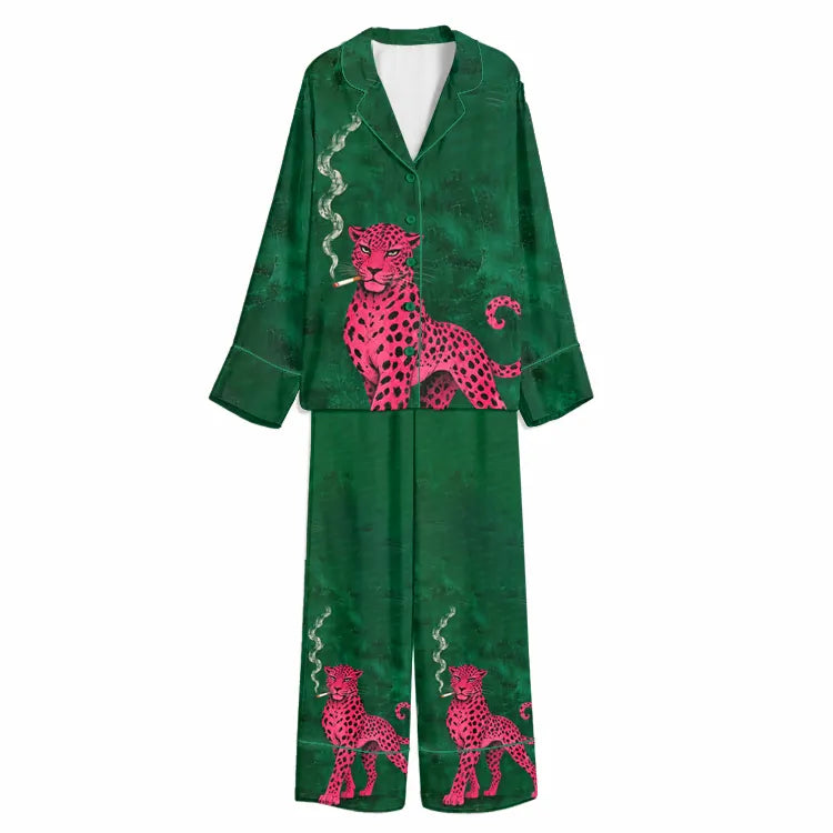 Tokyo-Mood Smoking Pink Leopard Emerald Green Unisex Long Sleeve Silky Satin Pajama Set