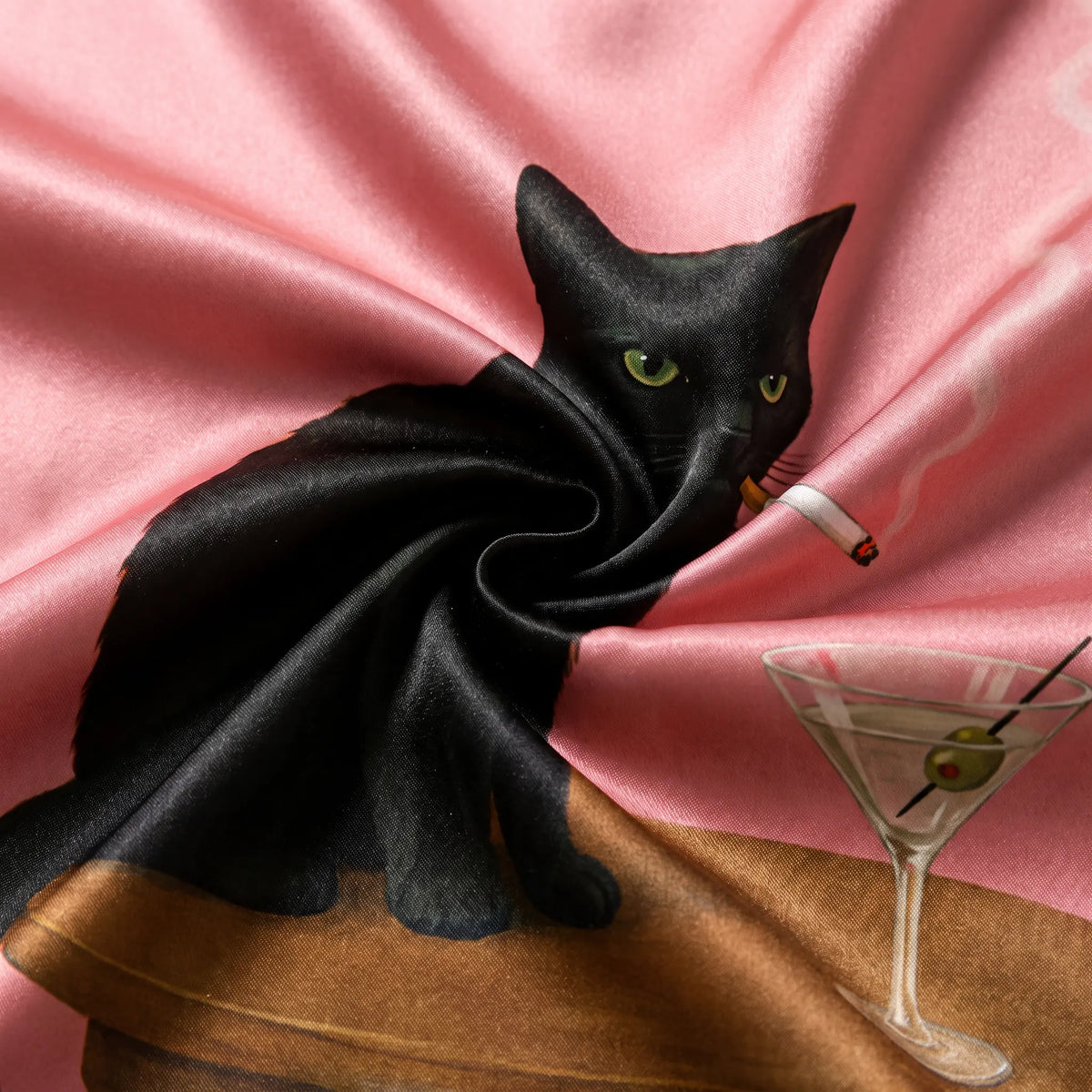 Moody Black Cat Smoking And Drinking Martini Unisex Long Sleeve Satin Pajama Set