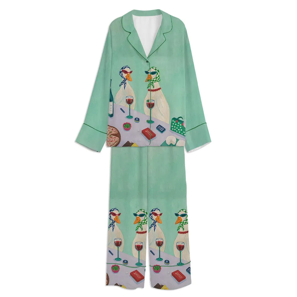 Funny Duck Wine Unisex Long Sleeve Satin Pajama Set