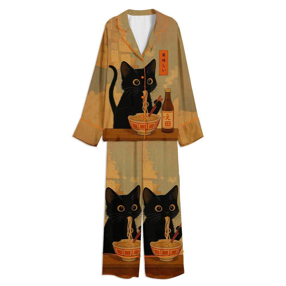 Noodle Cat Thief Anime Unisex Long Sleeve Satin Pajama Set
