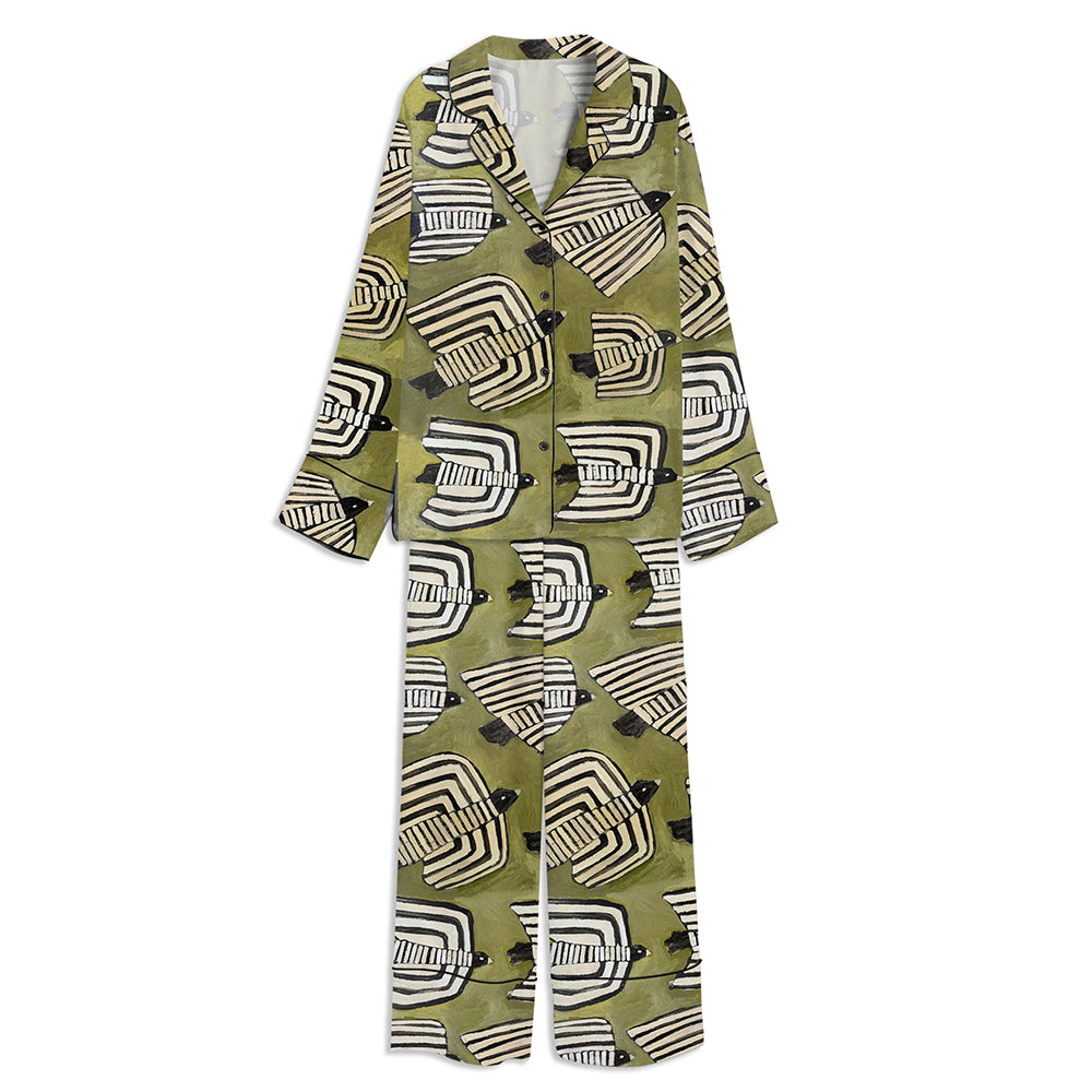 Six Striped Birds Black And White Print Mid Century Style Unisex Long Sleeve Satin Pajama Set