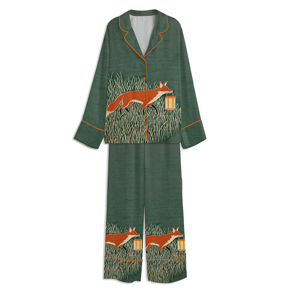 Fox Art Japanese Style Animal Unisex Long Sleeve Satin Pajama Set