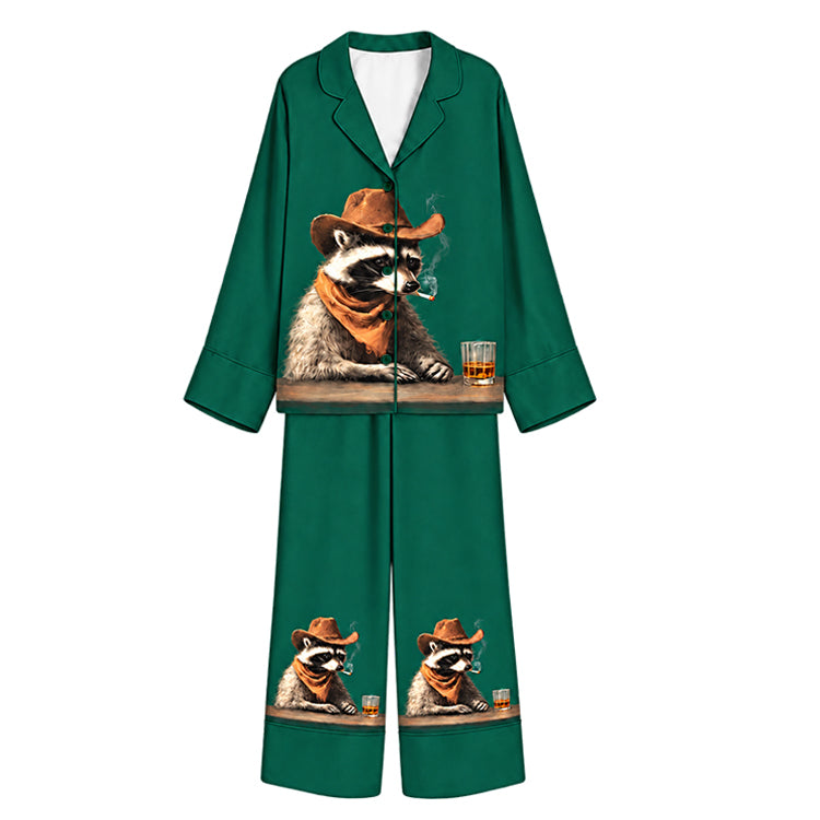 Tokyo-Mood Cowboy Raccoon Whiskey Bar Emerald Green Unisex Long Sleeve Silky Satin Pajama Set