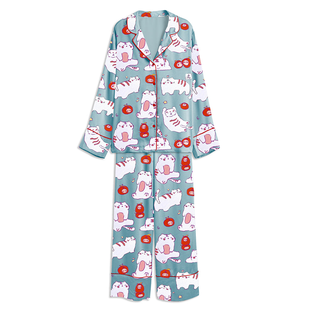 Adorable Tiger Cat Unisex Long Sleeve Satin Pajama Set