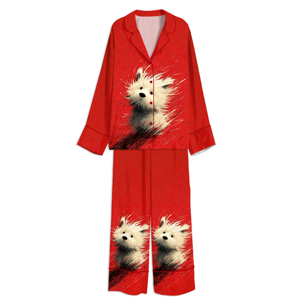 Tokyo-mood A Messy Puppy Dog Unisex Long Sleeve Silky Satin Pajama Set