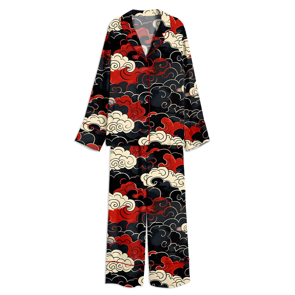 Stylized Clouds Pattern In Red Black And White Unisex Long Sleeve Satin Pajama Set