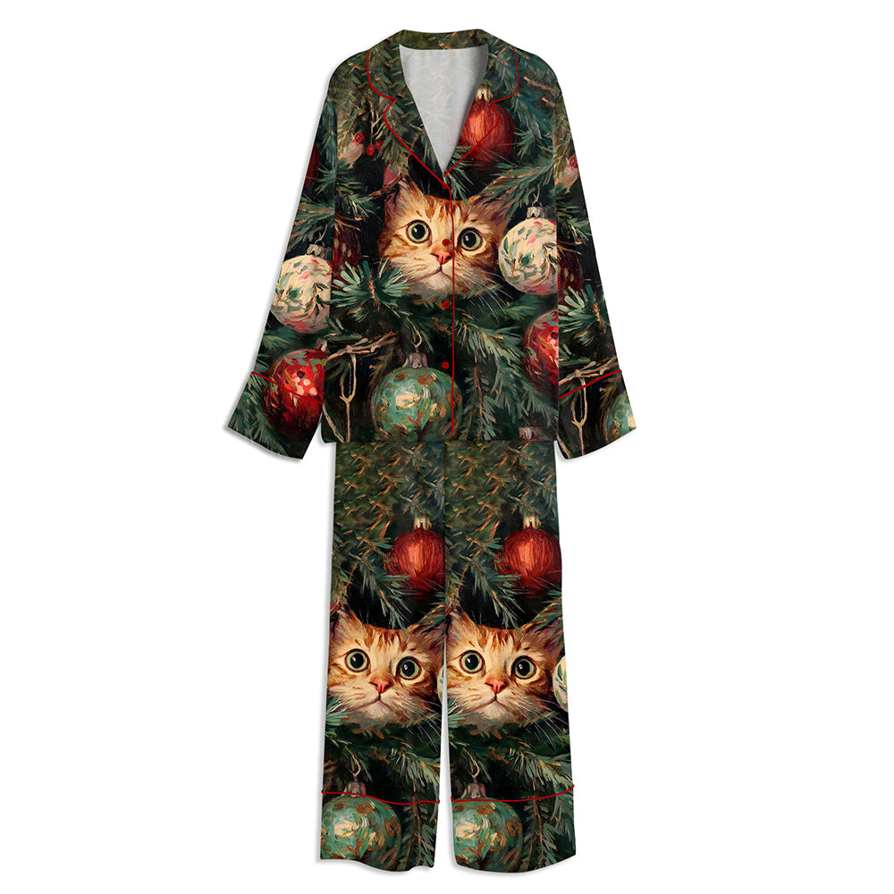 Funny Cat Christmas Unisex Long Sleeve Satin Pajama Set
