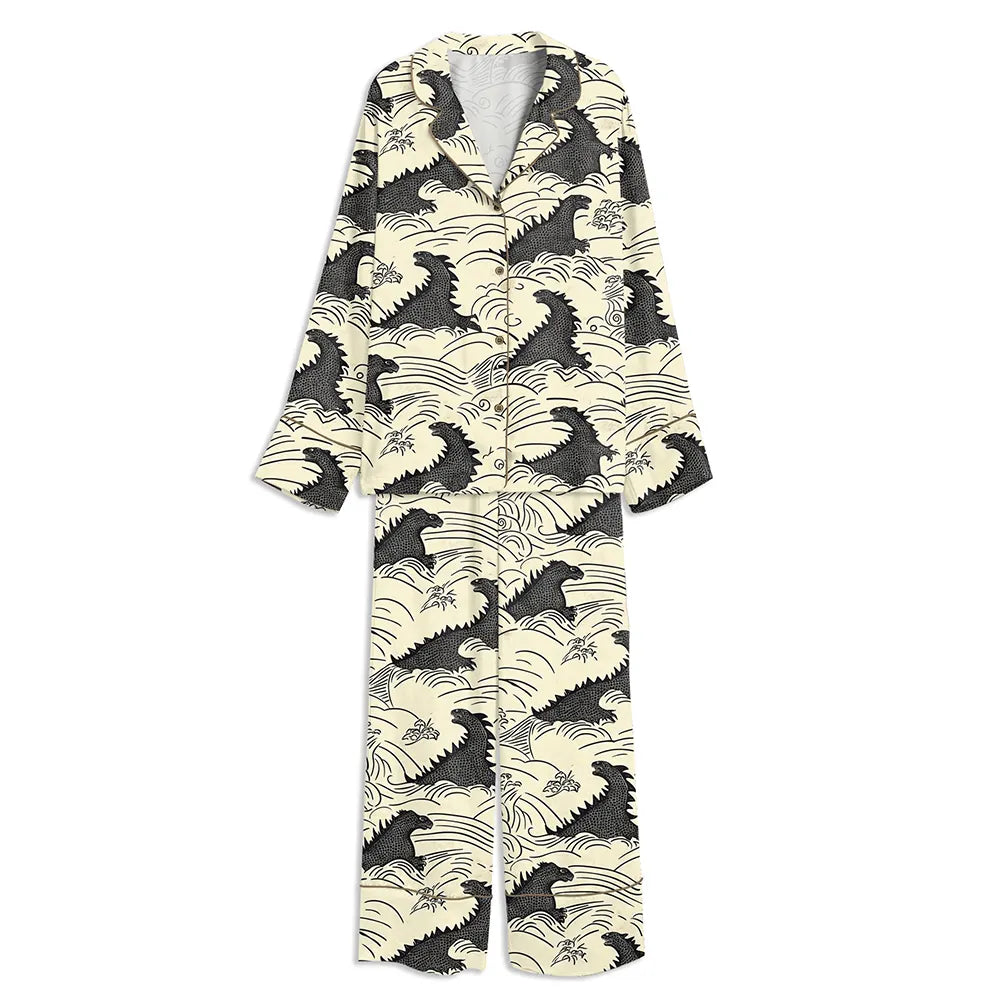 Godzilla Emerging From Traditional Japanese Waves Unisex Long Sleeve Satin Pajama Set