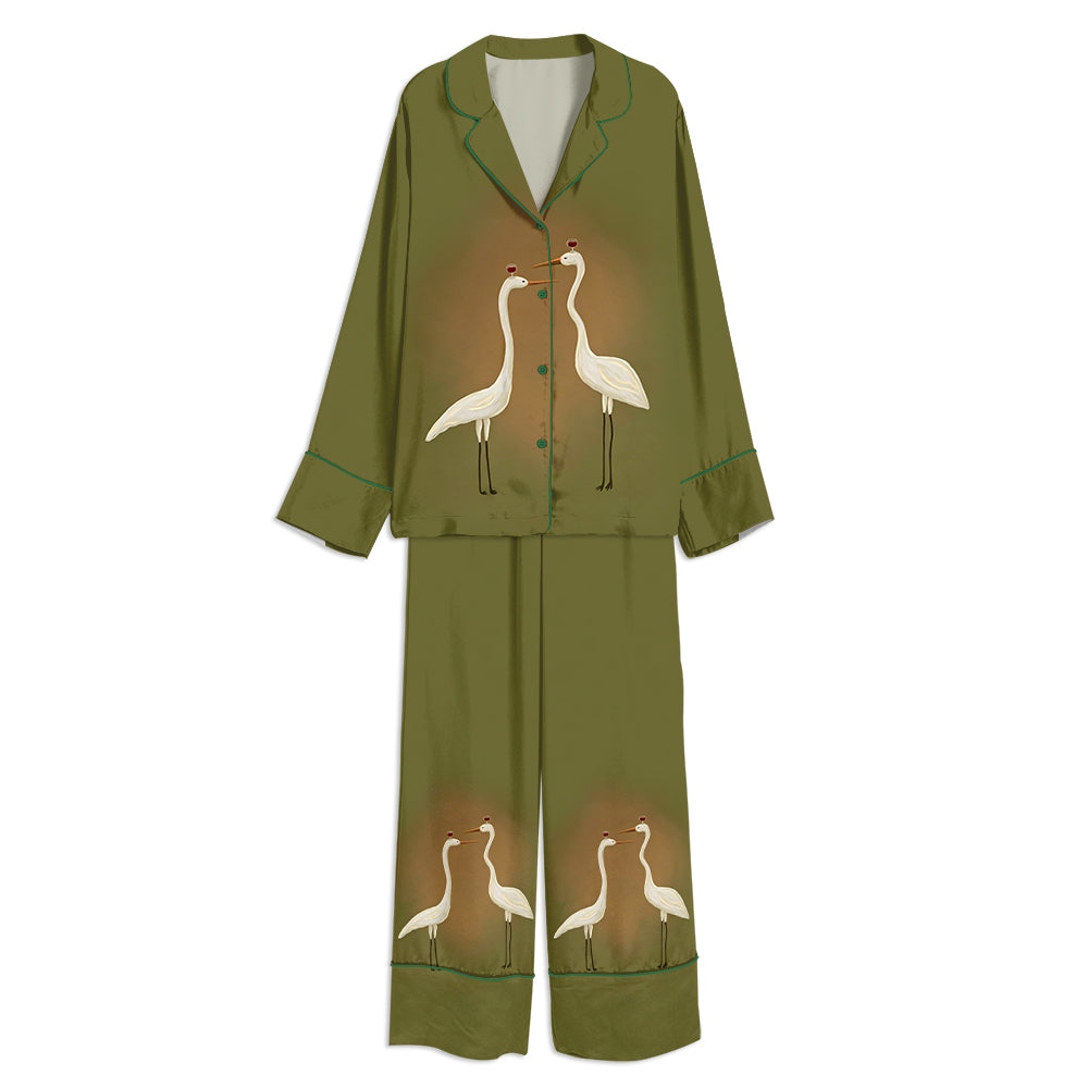 Tokyo-mood Green Wine Glass Duck Unisex Long Sleeve Silky Satin Pajama Set