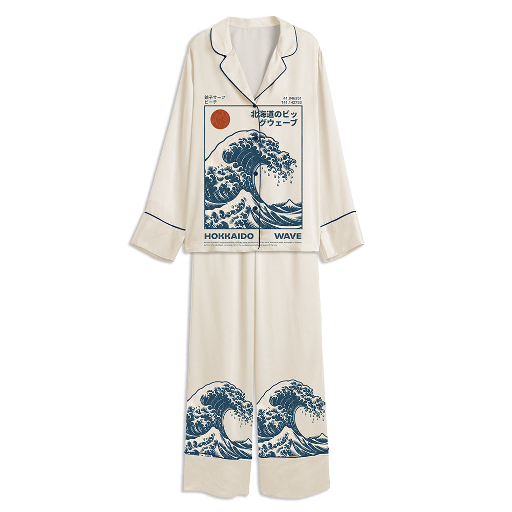 Hokkaido Wave Japanese Surf Ukiyo-e Great Wave Unisex Long Sleeve Satin Pajama Set