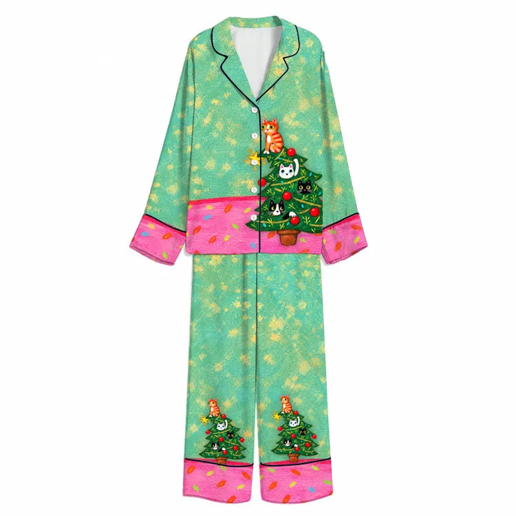 Tokyo-Mood Christmas Playful Cats in the Tree Mint Unisex Long Sleeve Silky Satin Pajama Set