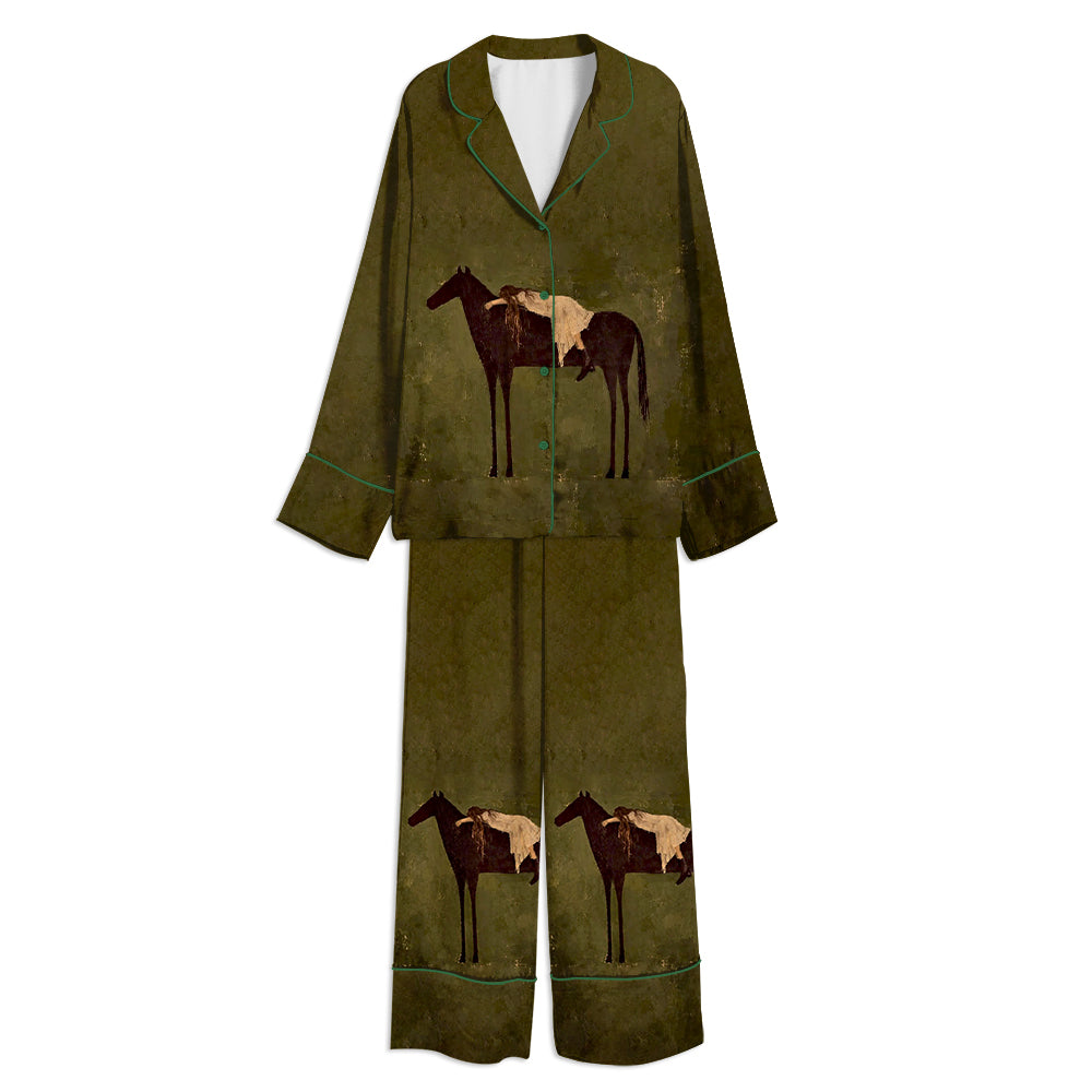 Tokyo-mood Minimalist Abstract Horse Rider Modern Western Cowgirl Unisex Long Sleeve Silky Satin Pajama Set