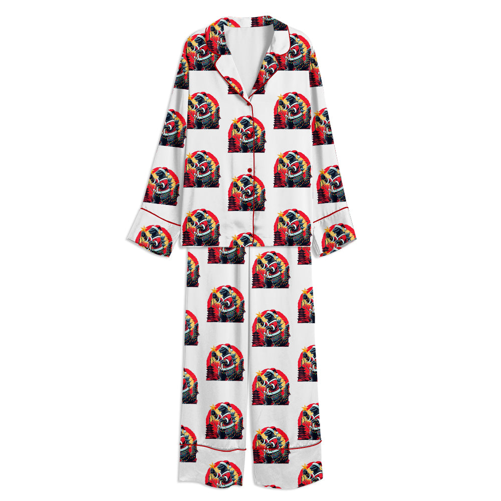 Godzilla Santazilla Holiday Monster Christmas Unisex Long Sleeve Satin Pajama Set
