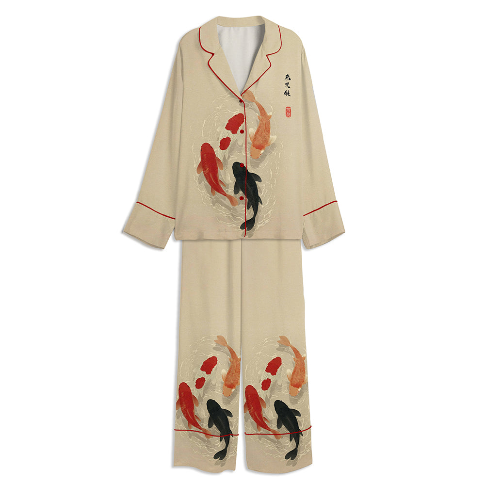 Japanese Koi Fish Zen Water Tranquil Pond Unisex Long Sleeve Satin Pajama Set