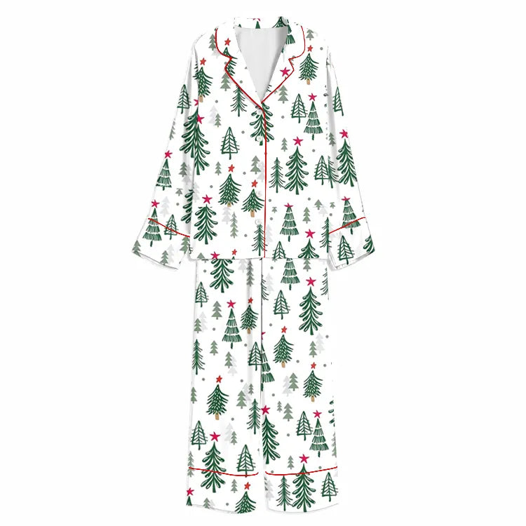 Tokyo-Mood Christmas Scandinavian Pine Forest White Unisex Long Sleeve Silky Satin Pajama Set
