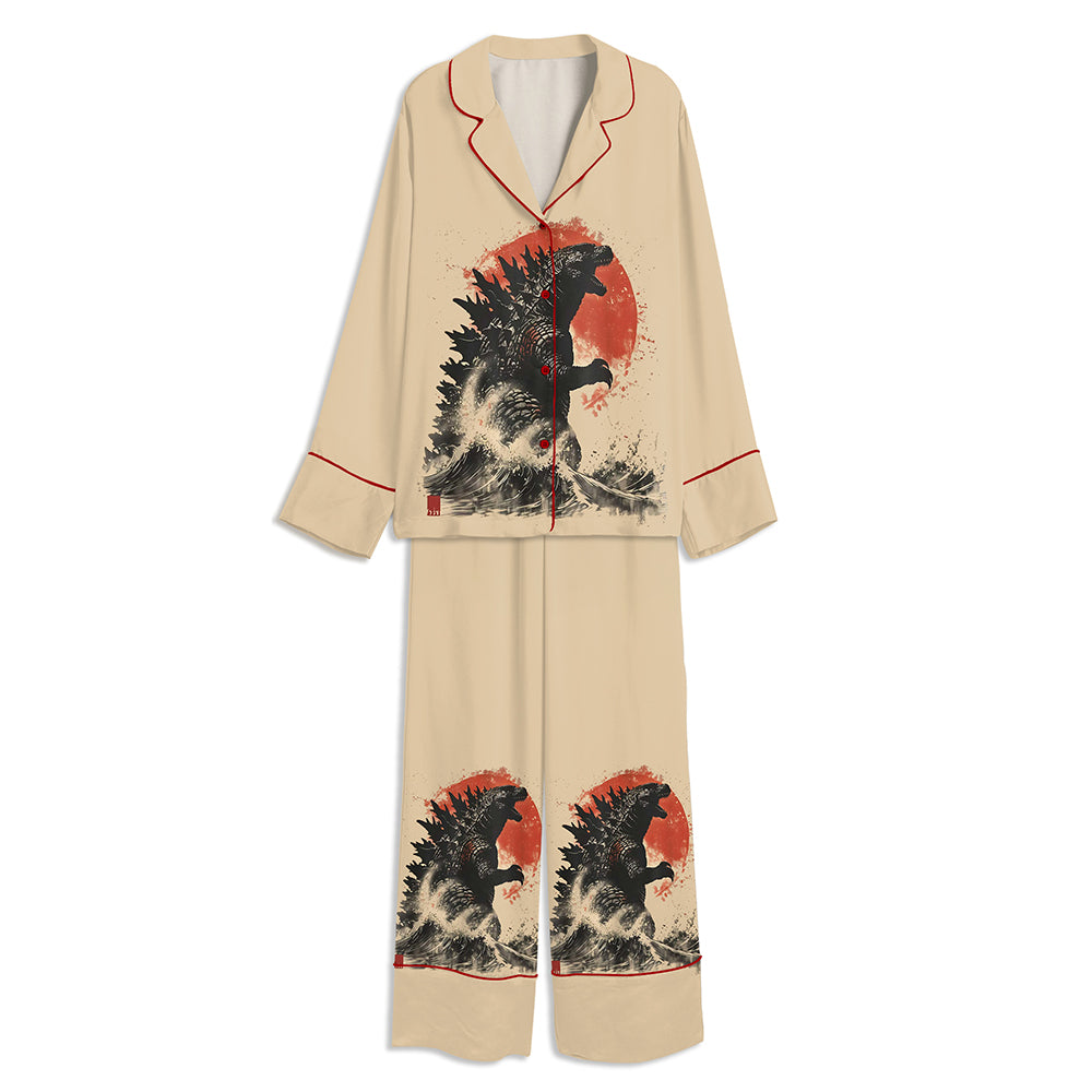 Retro Japanese Godzilla Great Wave Unisex Long Sleeve Satin Pajama Set