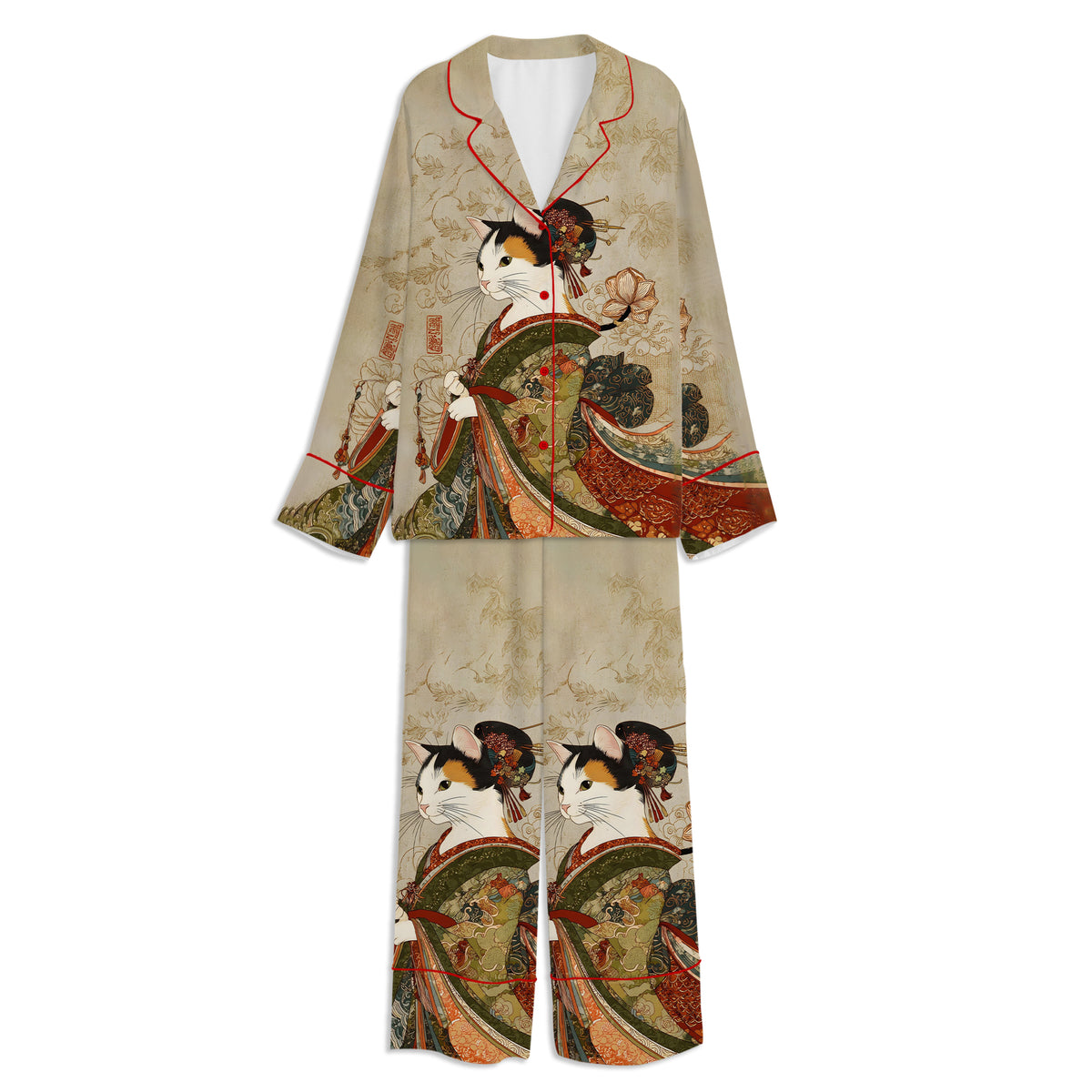 Japanese Cat Geisha Ukiyo-e Calico Cat Unisex Long Sleeve Satin Pajama Set