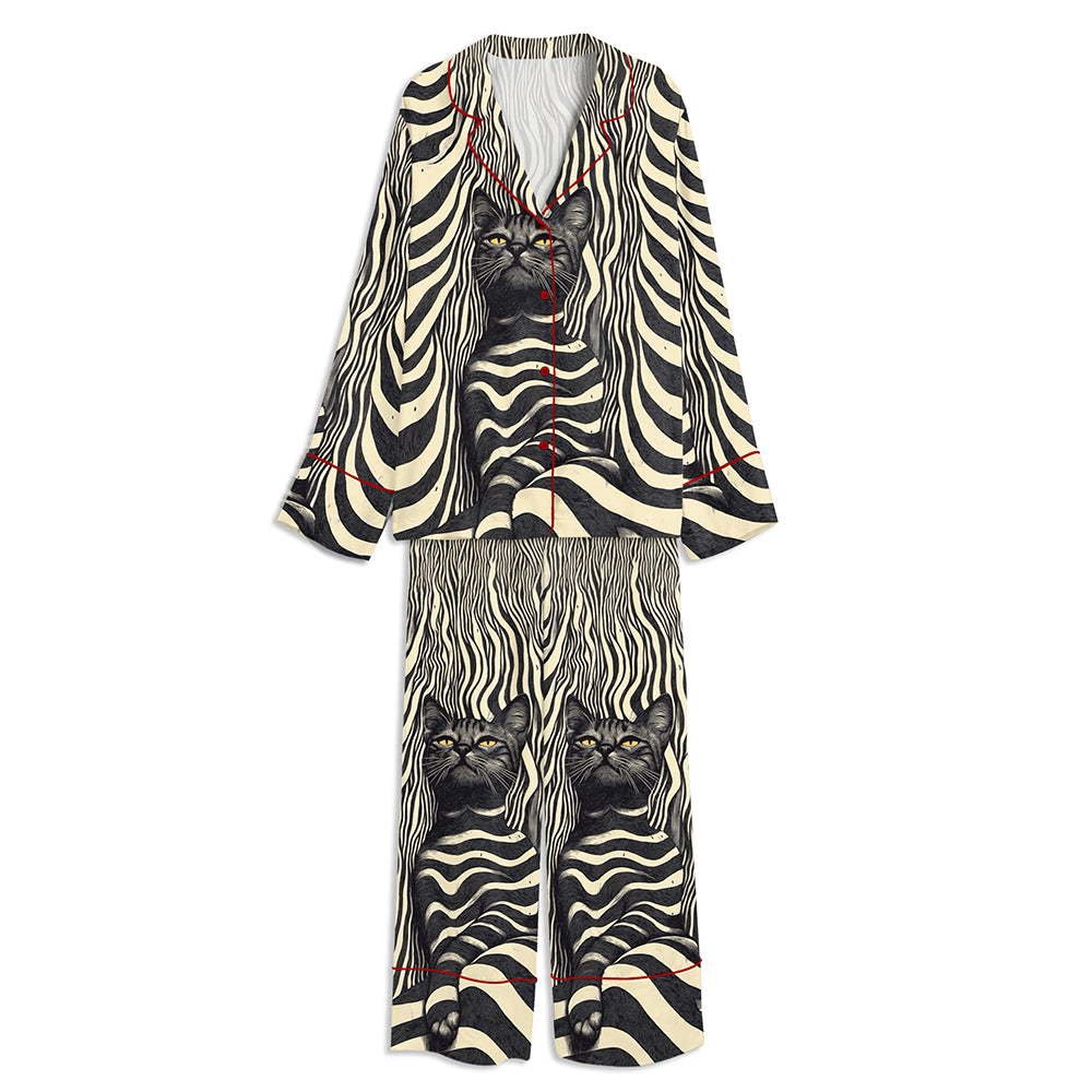 Japanese Striped Cat Portrait Unisex Long Sleeve Satin Pajama Set