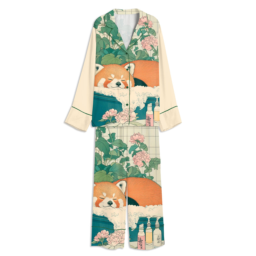Japanese Ukiyo-e Red Panda In Bathroom Unisex Long Sleeve Satin Pajama Set